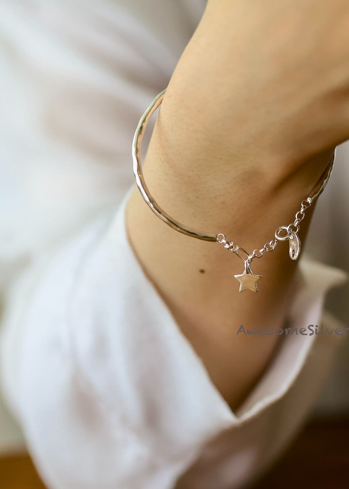 B Silver 925 Hammer Bangle Star Pendant Bracelet - 이미지 1