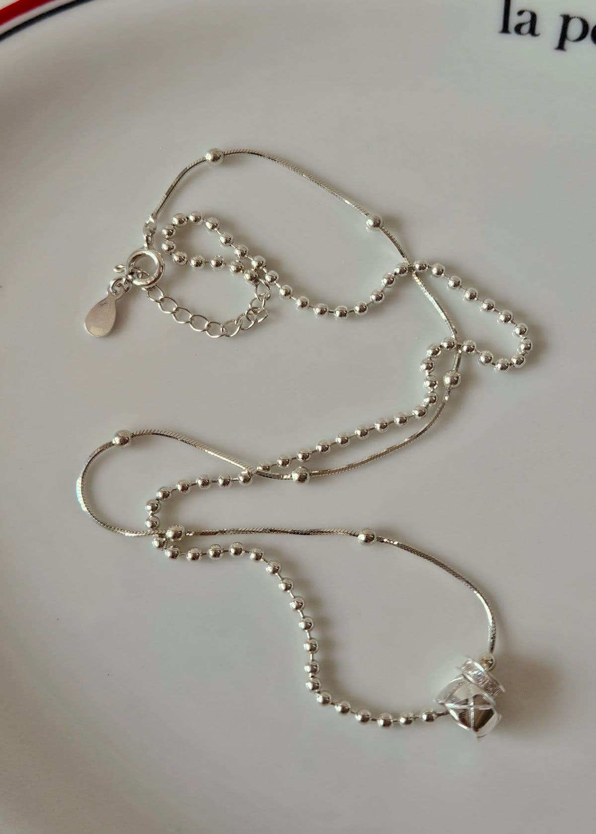 N Silver 925 Cubic Round Quilted Pendant Snake Chain Ball Ball Ball Silver Two-Tone Chain Necklace - 이미지 3