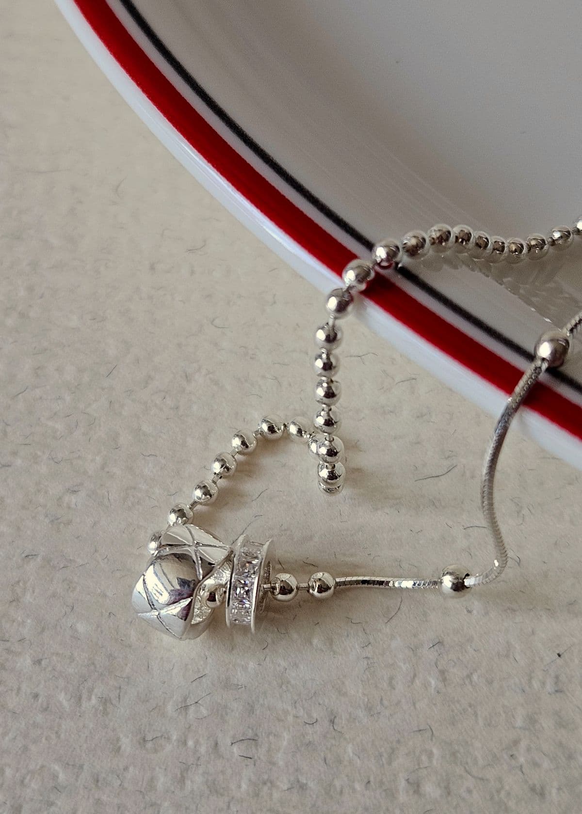 N Silver 925 Cubic Round Quilted Pendant Snake Chain Ball Ball Ball Silver Two-Tone Chain Necklace - 이미지 1