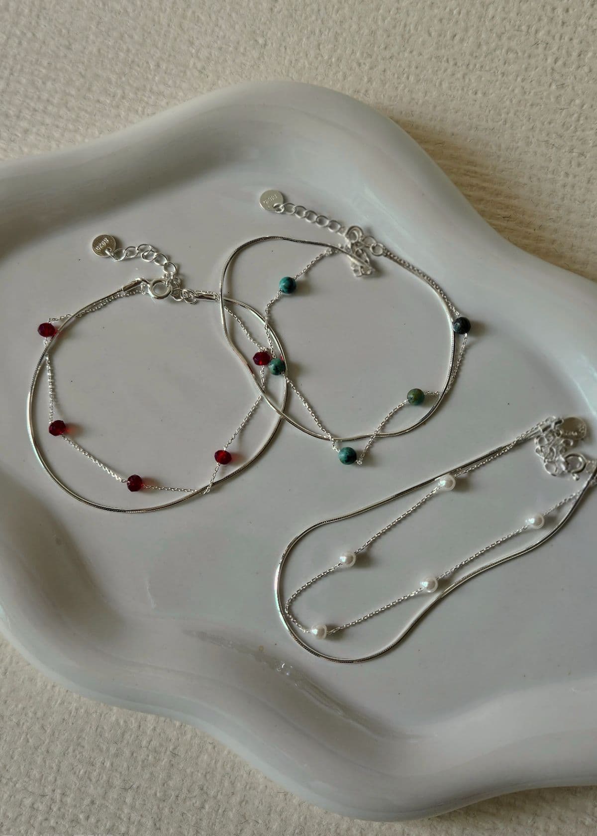 B Silver 925 Jade Turquoise Pearl Chain Bracelet - 이미지 1