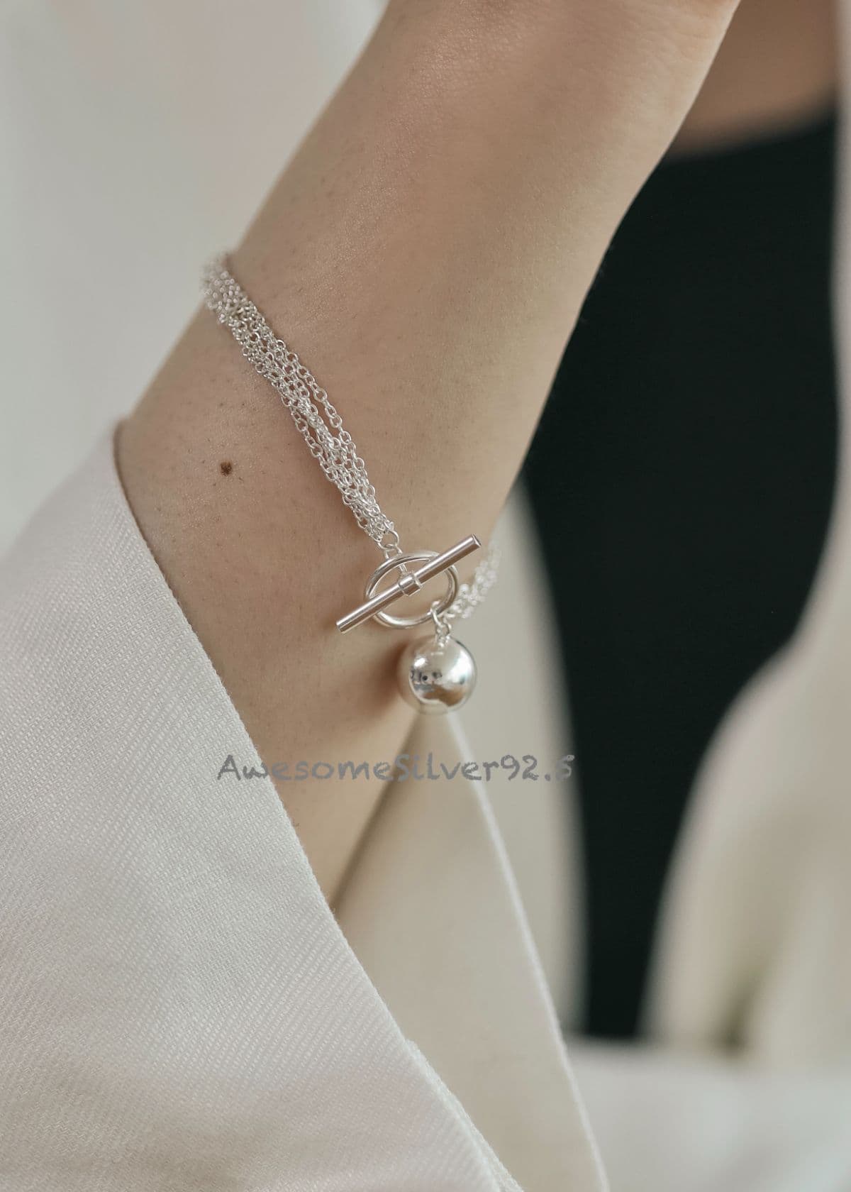 B Silver 925 10mm Ball 5-Strand Chain O T Bracelet - 이미지 9