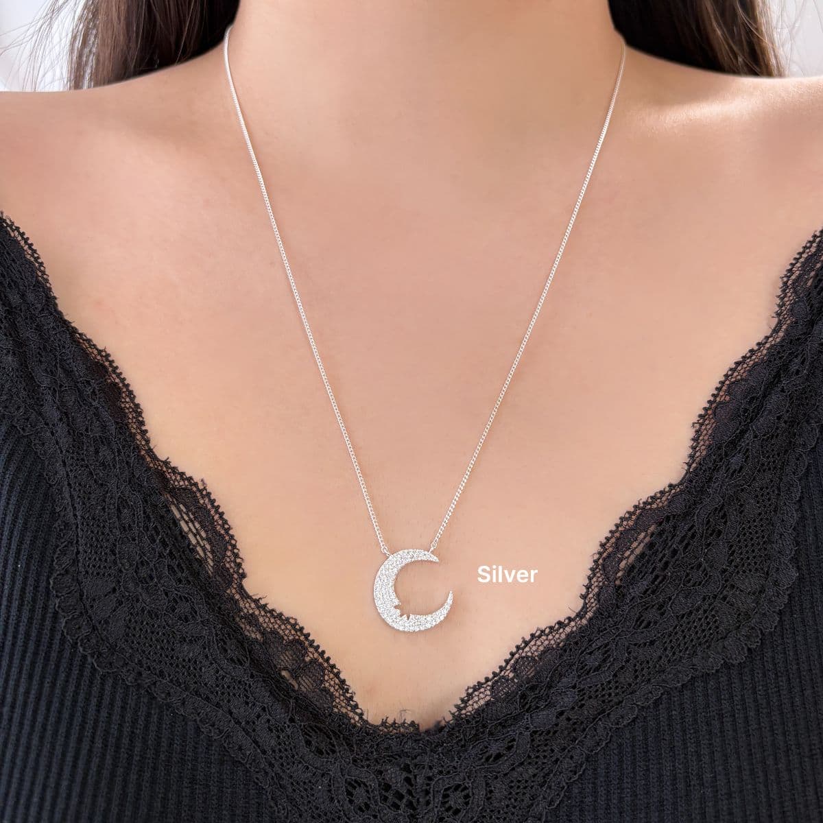 [SN-0539] Silver 925 Cubic Crescent Long Necklace - 이미지 3