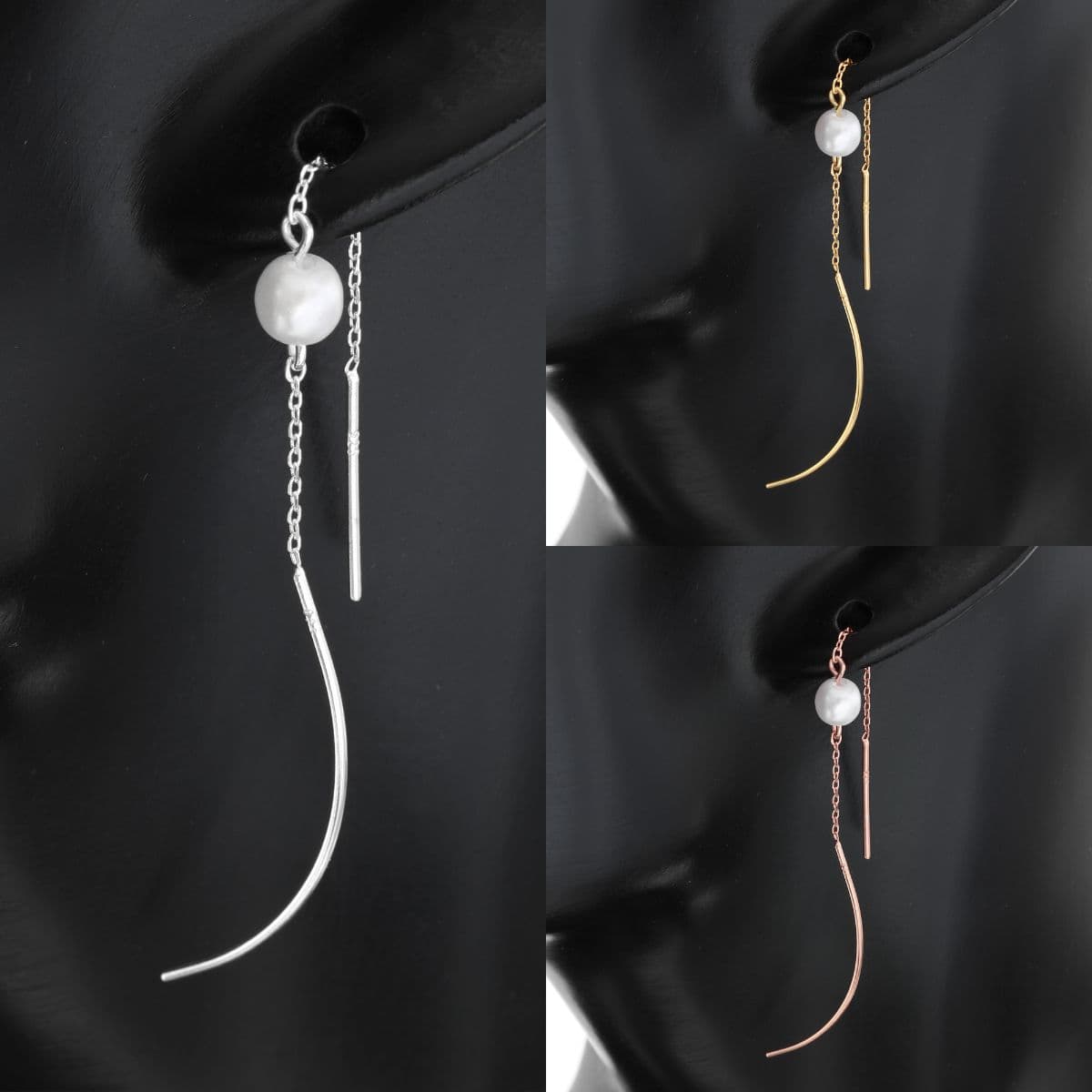 [SE6417] Silver 925 Swarovski Pearl and Curve Chain Drop Earrings - 이미지 12