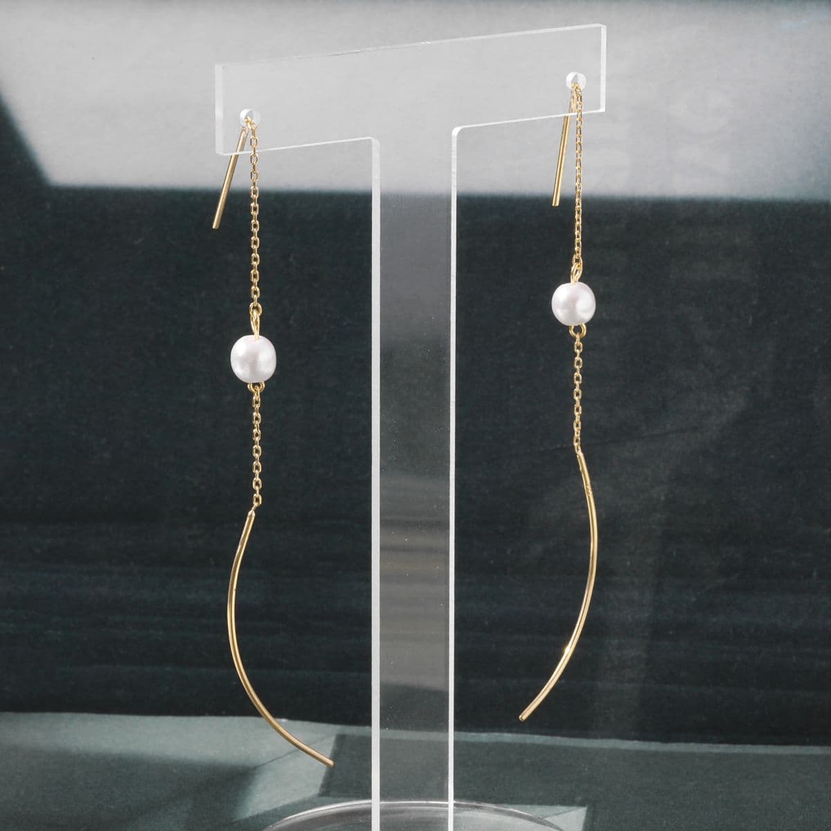 [SE6417] Silver 925 Swarovski Pearl and Curve Chain Drop Earrings - 이미지 7