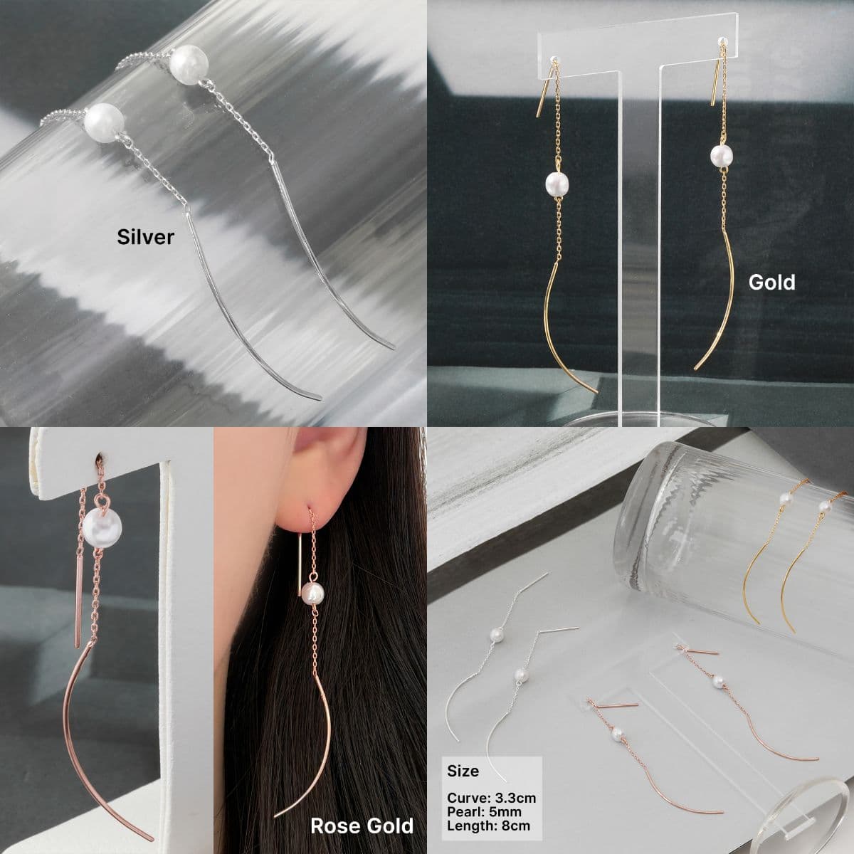 [SE6417] Silver 925 Swarovski Pearl and Curve Chain Drop Earrings - 이미지 1
