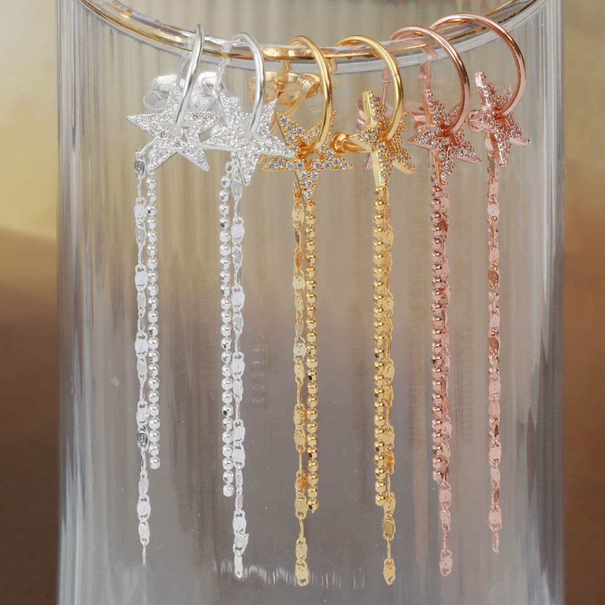 [SE6418] Silver 925 Cubic Star and Two Type Chain Drop Earrings - 이미지 10