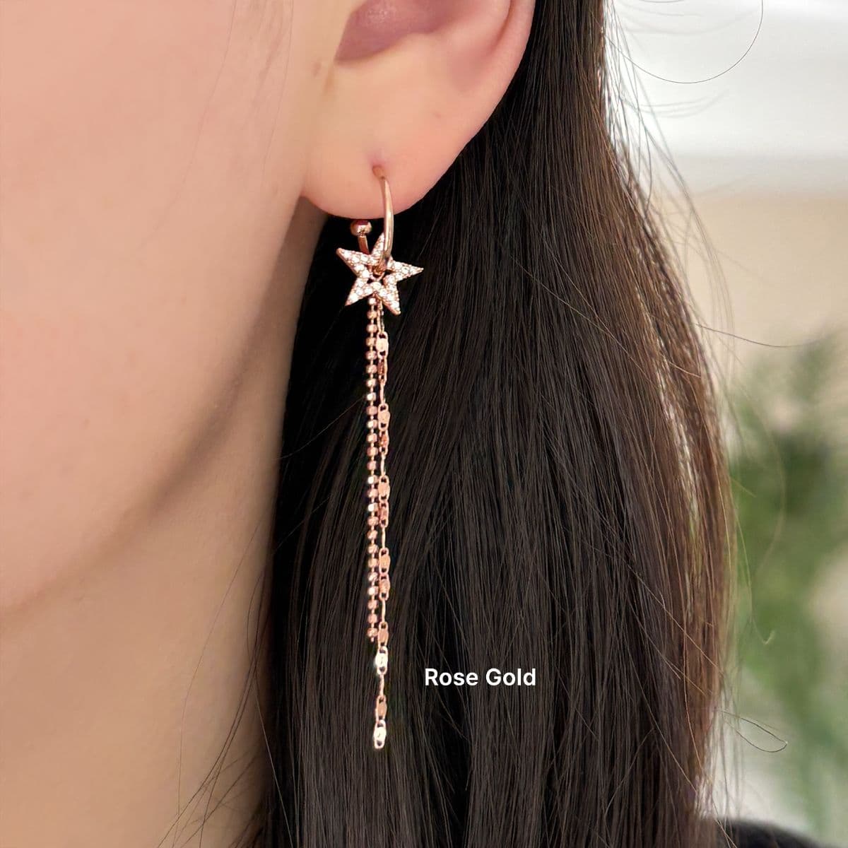 [SE6418] Silver 925 Cubic Star and Two Type Chain Drop Earrings - 이미지 7