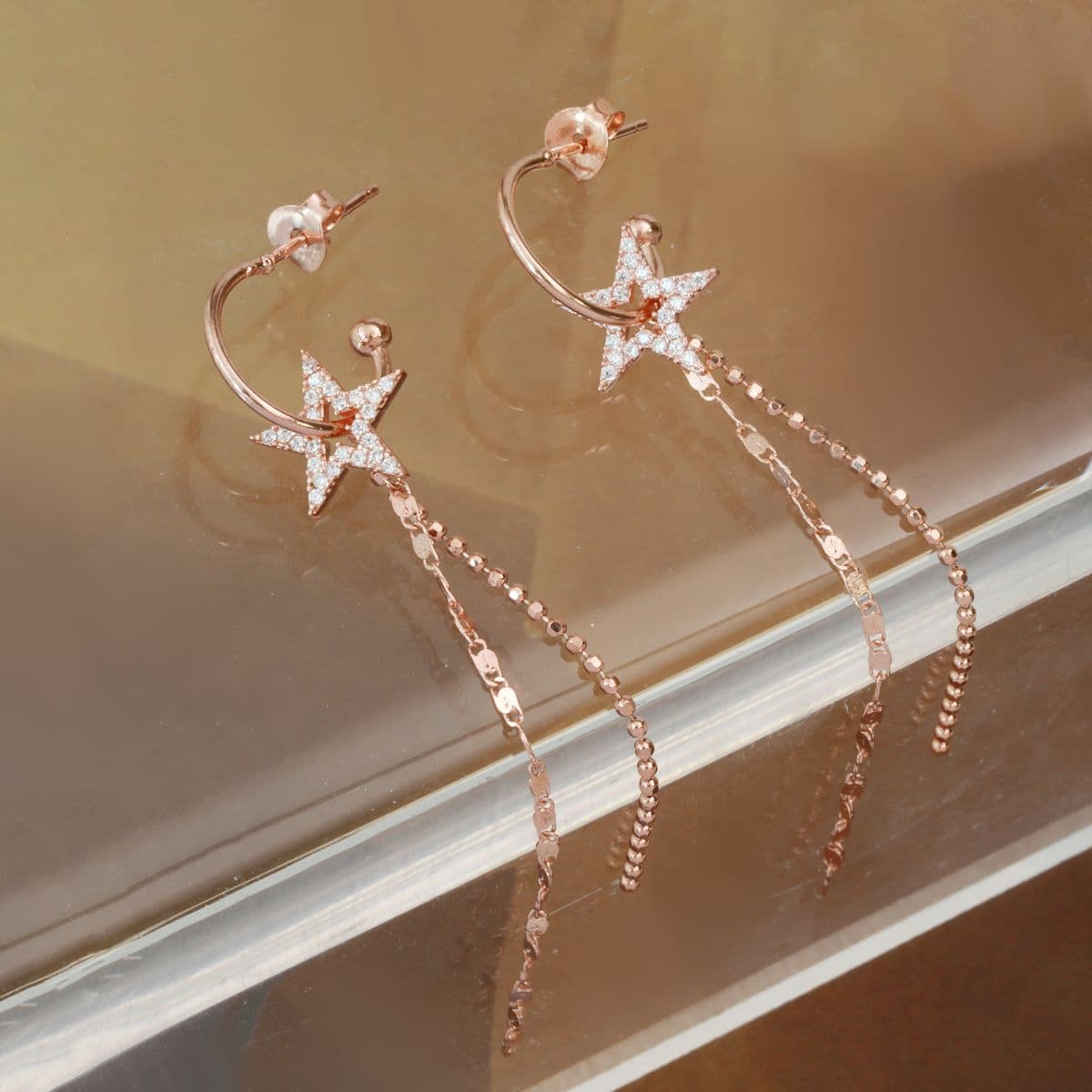 [SE6418] Silver 925 Cubic Star and Two Type Chain Drop Earrings - 이미지 8