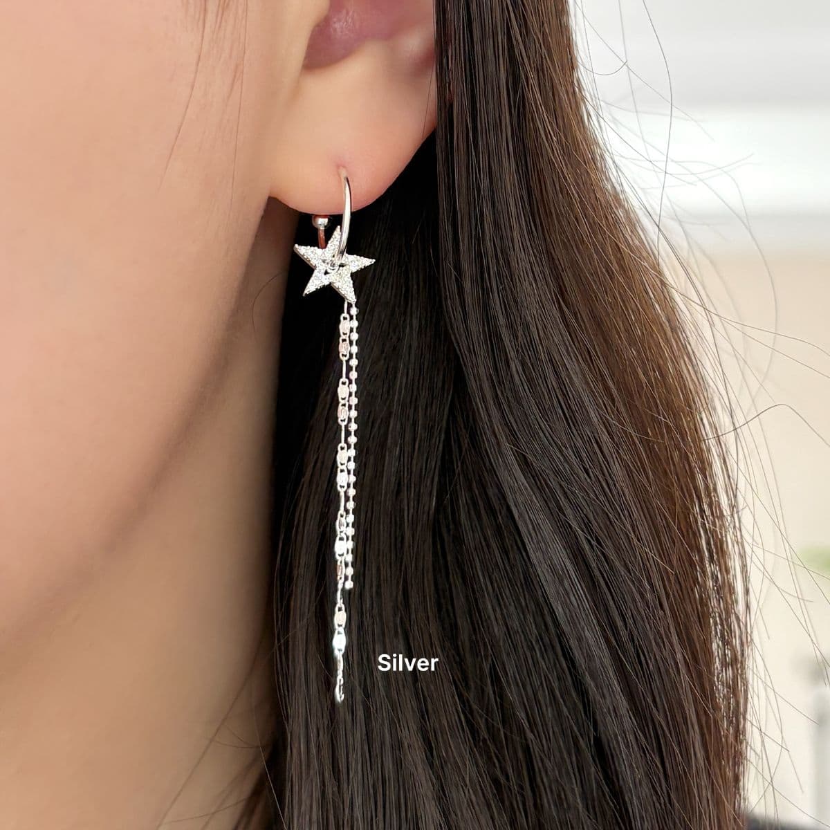 [SE6418] Silver 925 Cubic Star and Two Type Chain Drop Earrings - 이미지 2