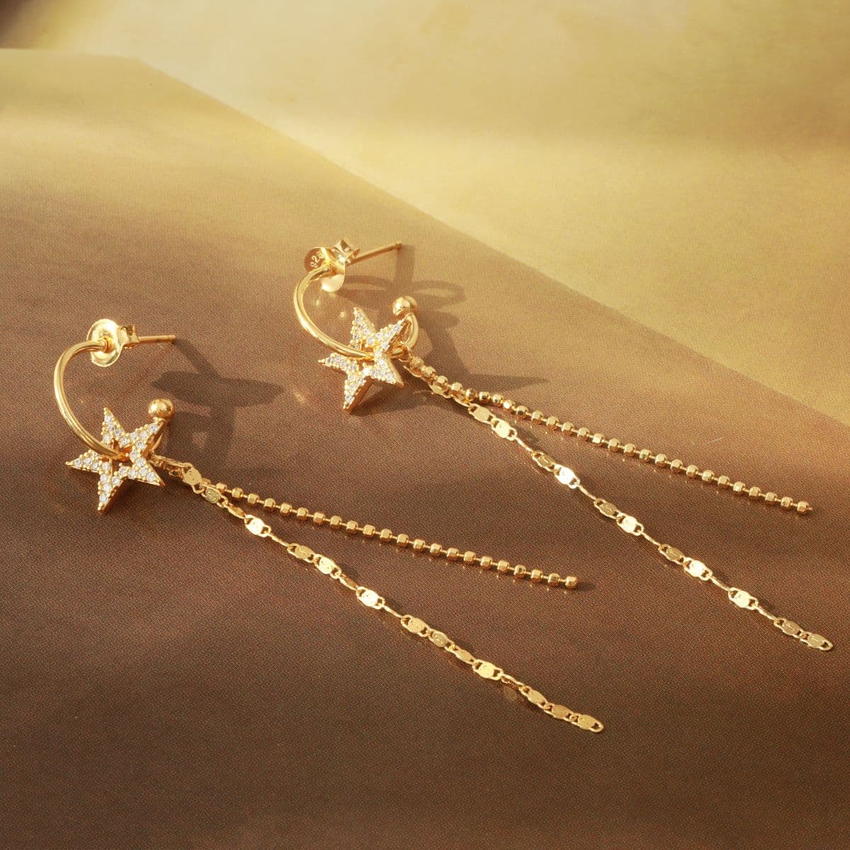 [SE6418] Silver 925 Cubic Star and Two Type Chain Drop Earrings - 이미지 6