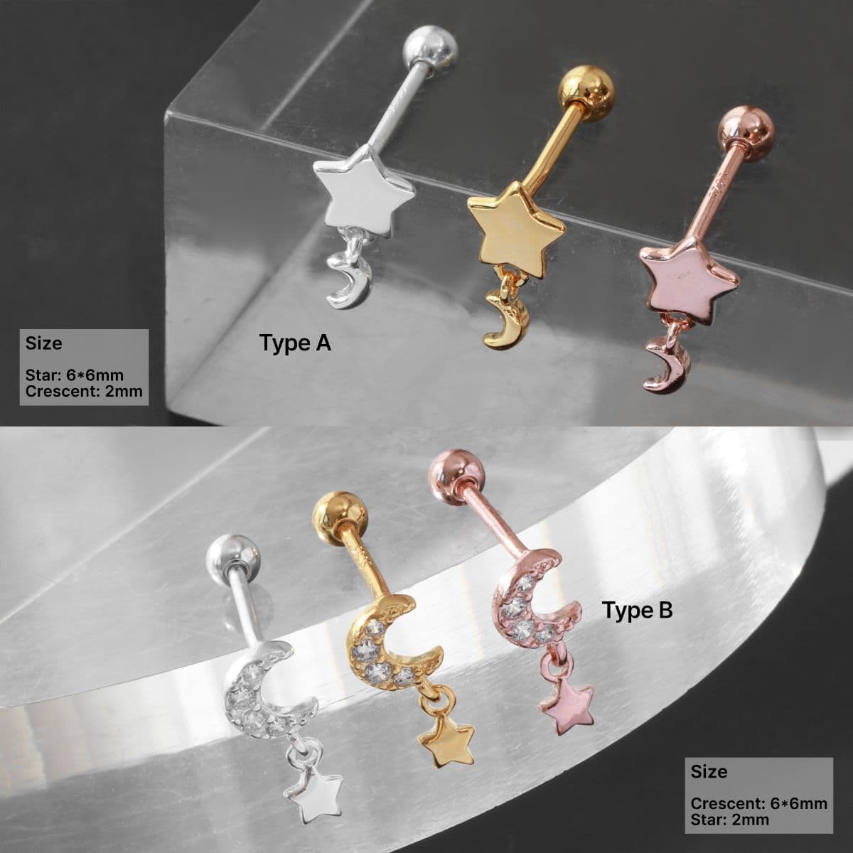 [SPC6503], [SPC6504] Silver 925 Star and Crescent Holding Piercing Set - 이미지 1