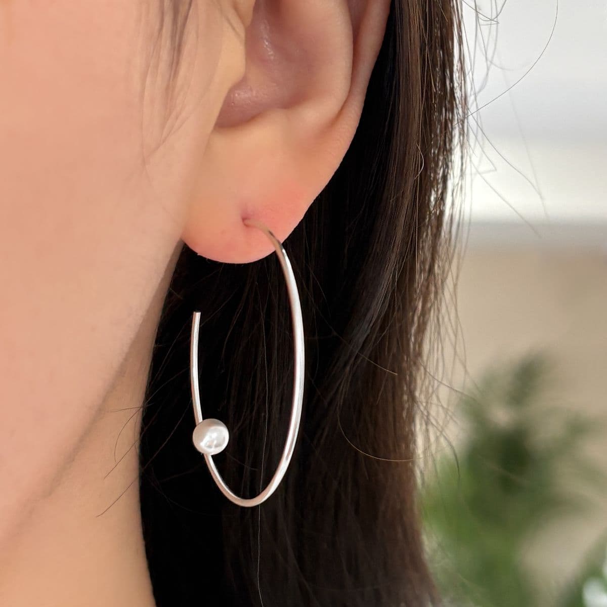 [SE6504] 925 Silver Big and Thin Hoop Pearl Earrings - 이미지 2