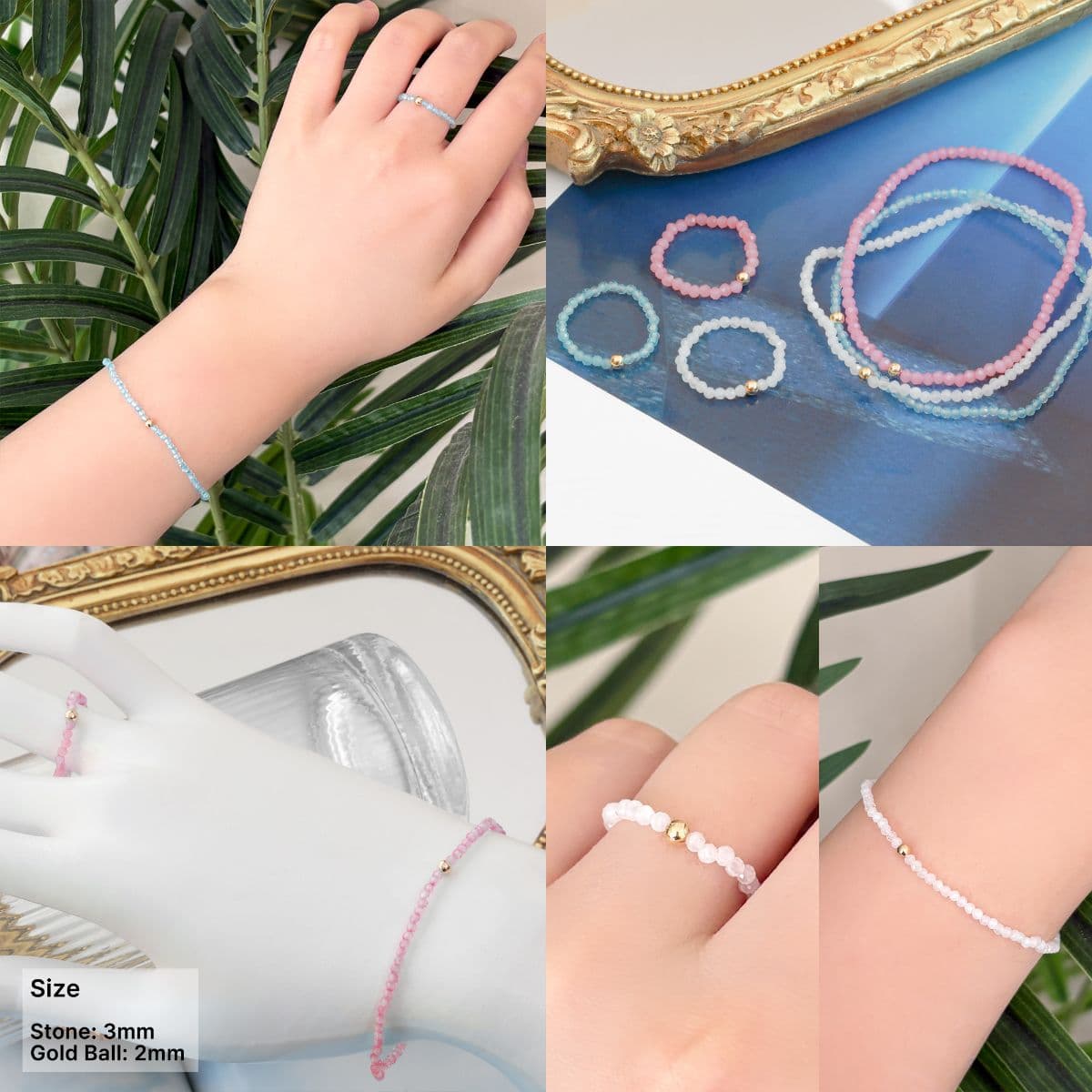 [G4R4800], [G4B4800] 14K Gold Ball Pastel Color Natural Stone Free Size Set - 이미지 2