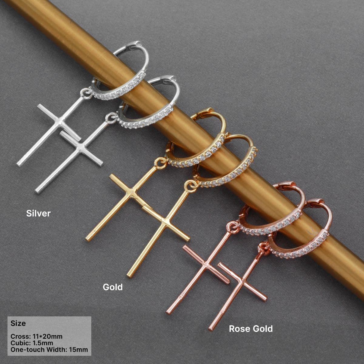 [SHG6602] Silver 925 Stick Cross Cubic Ring One-Touch Earrings - 이미지 1
