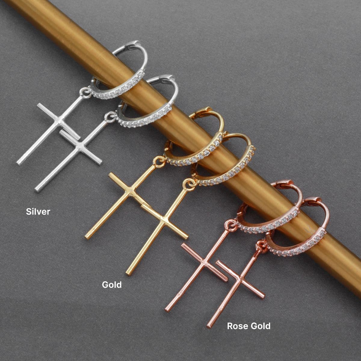 [SHG6602] Silver 925 Stick Cross Cubic Ring One-Touch Earrings - 이미지 11