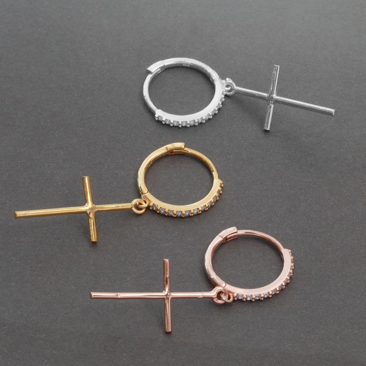 [SHG6602] Silver 925 Stick Cross Cubic Ring One-Touch Earrings - 이미지 9