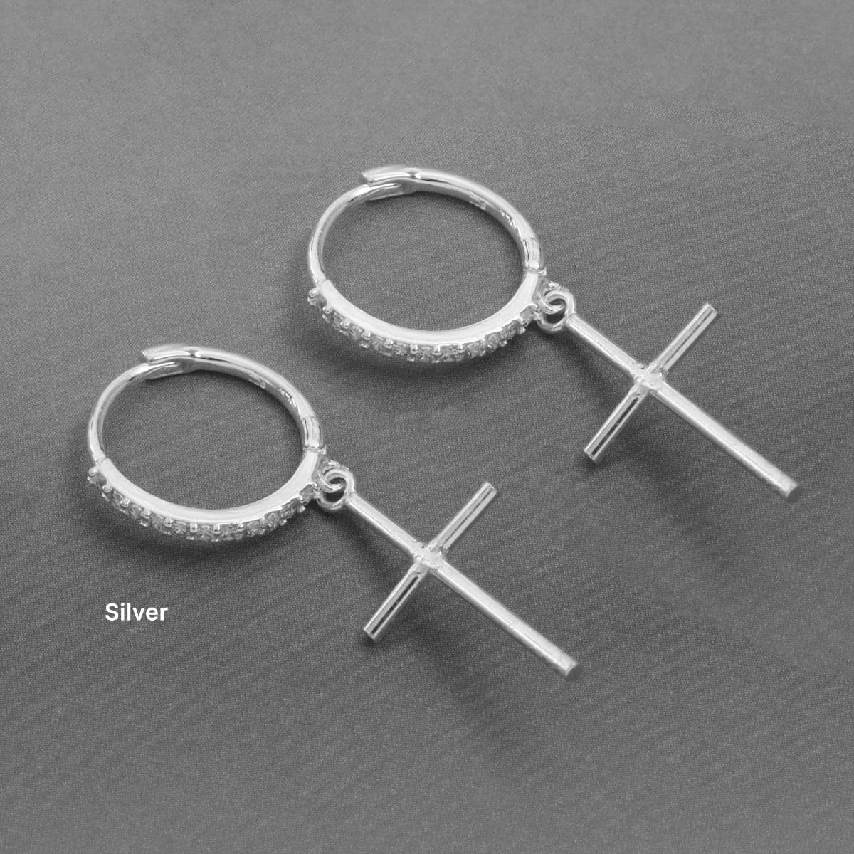 [SHG6602] Silver 925 Stick Cross Cubic Ring One-Touch Earrings - 이미지 4