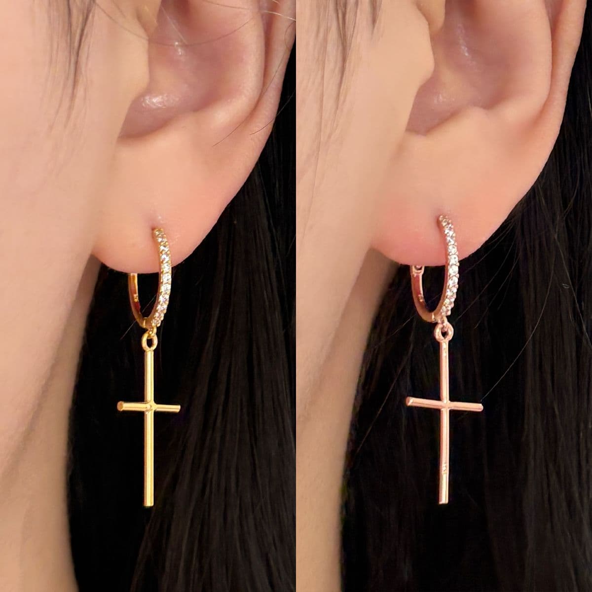 [SHG6602] Silver 925 Stick Cross Cubic Ring One-Touch Earrings - 이미지 7