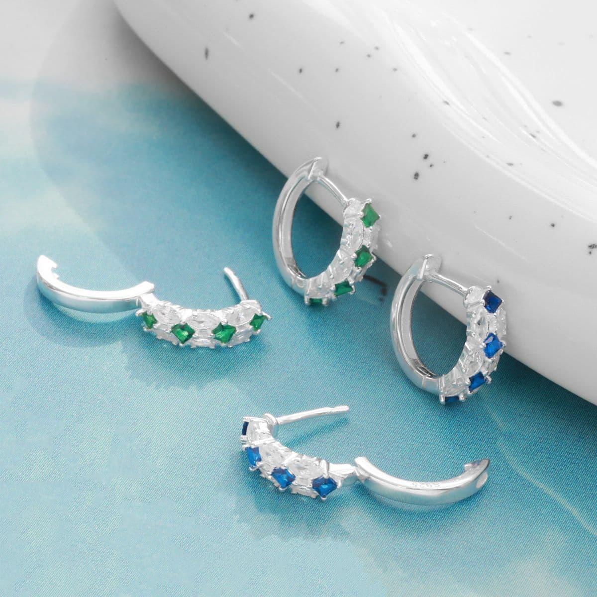 Silver 925 Summer Blue Cubic One-Touch Earrings Set - 이미지 5