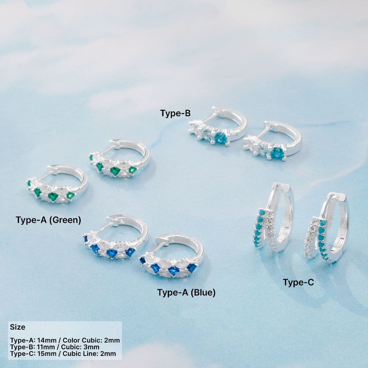 Silver 925 Summer Blue Cubic One-Touch Earrings Set - 이미지 1