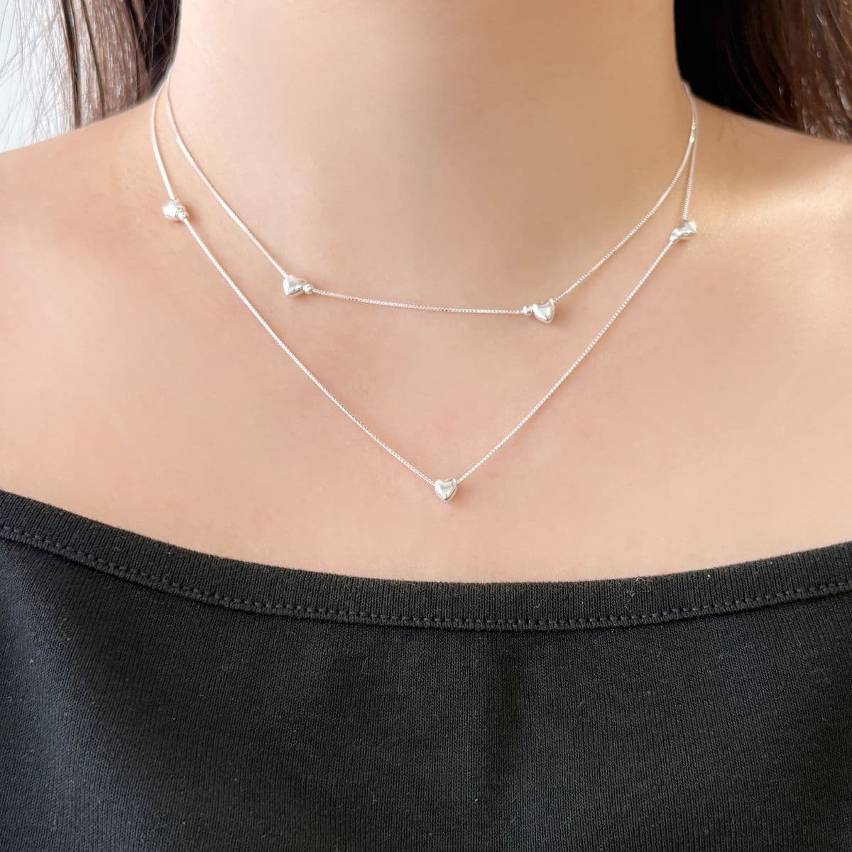 [SN0143] Silver 925 Heart Double Layered Chain Necklace - 이미지 2