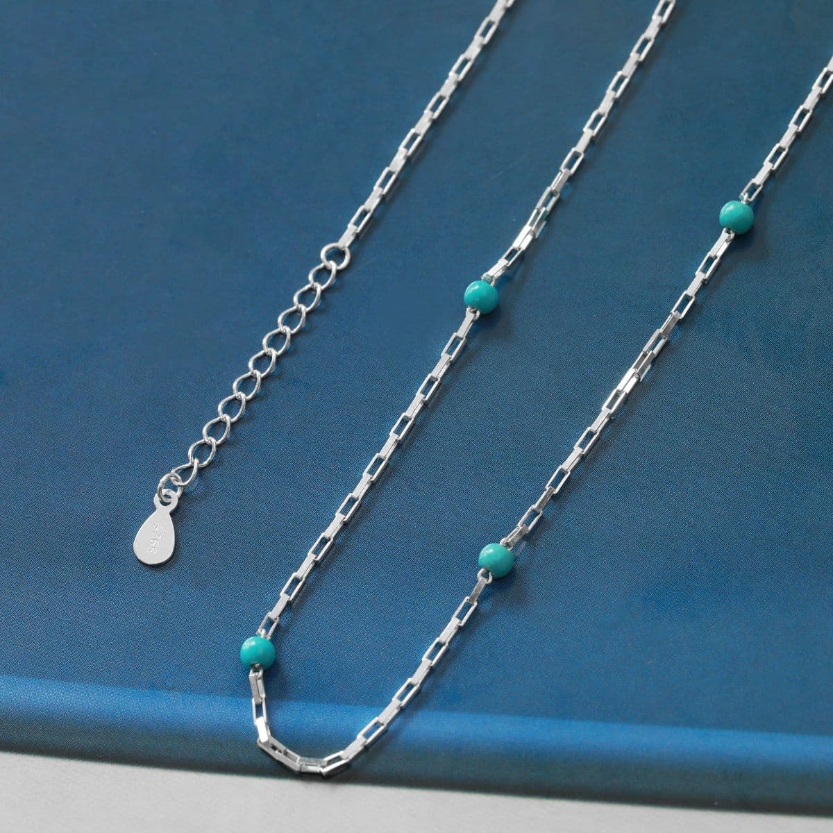 Silver 925 Turquoise Ball and Mini Square Chain Set (Bracelet, Anklet, Necklace) - 이미지 14