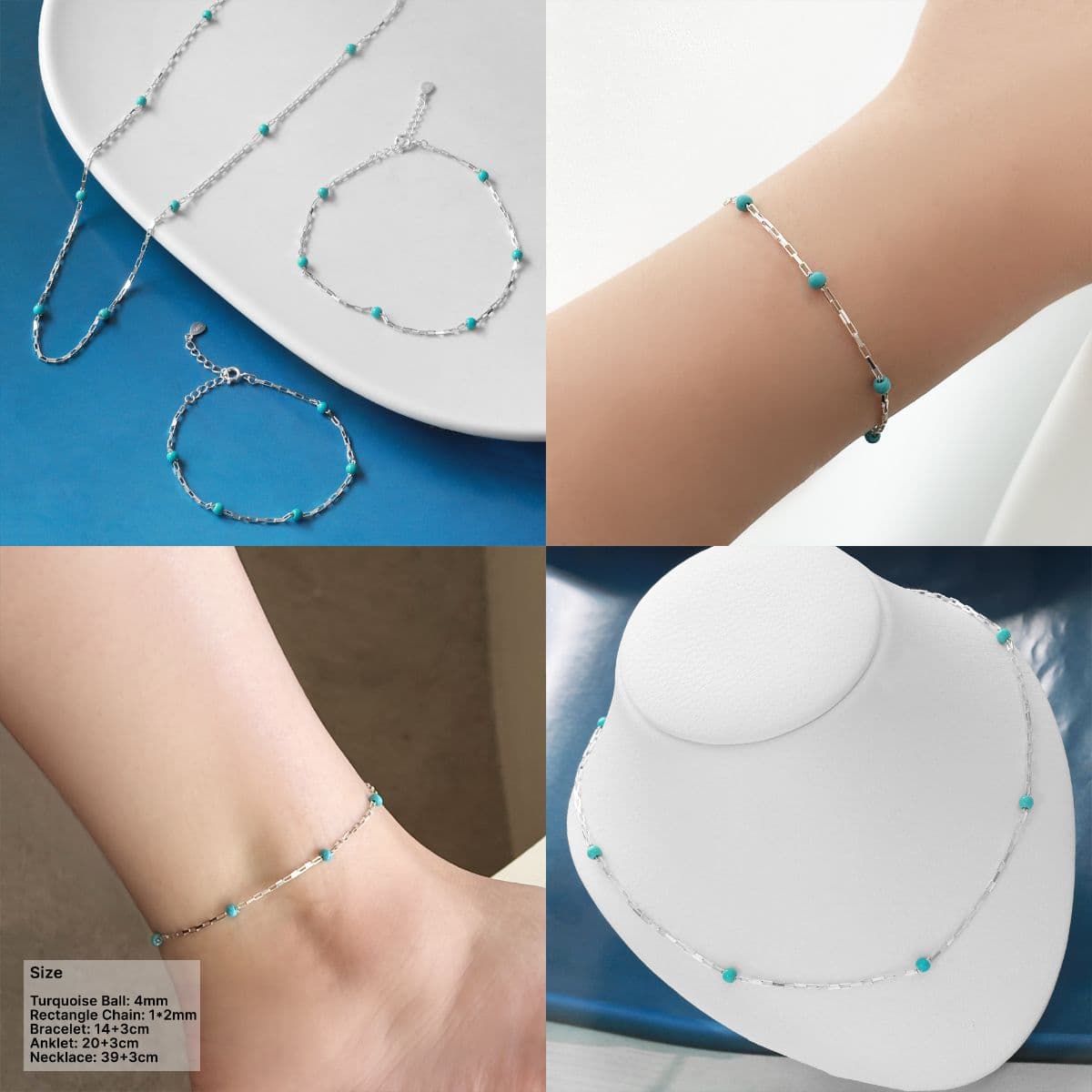 Silver 925 Turquoise Ball and Mini Square Chain Set (Bracelet, Anklet, Necklace) - 이미지 1