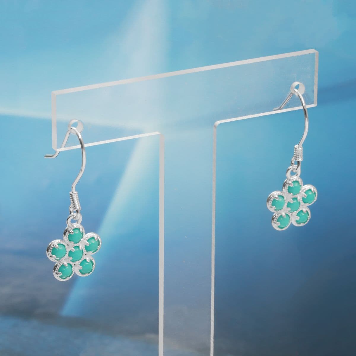 [SE6704] 925 Silver Turquoise Flower Hoop Earrings - 이미지 4