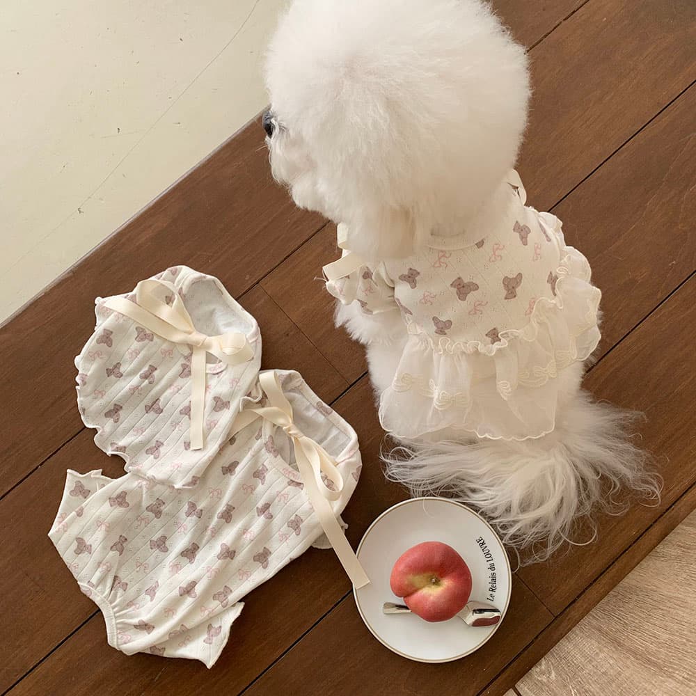 발레코어 리본 곰돌이 티셔츠/올인원/원피스 - 이미지 1