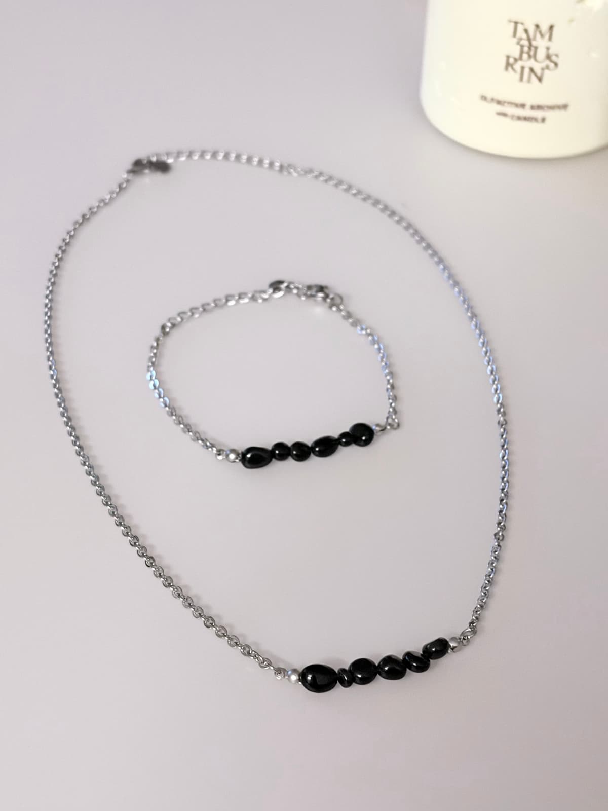 Surgical steel black pebble gemstone bracelet necklace - 이미지 1