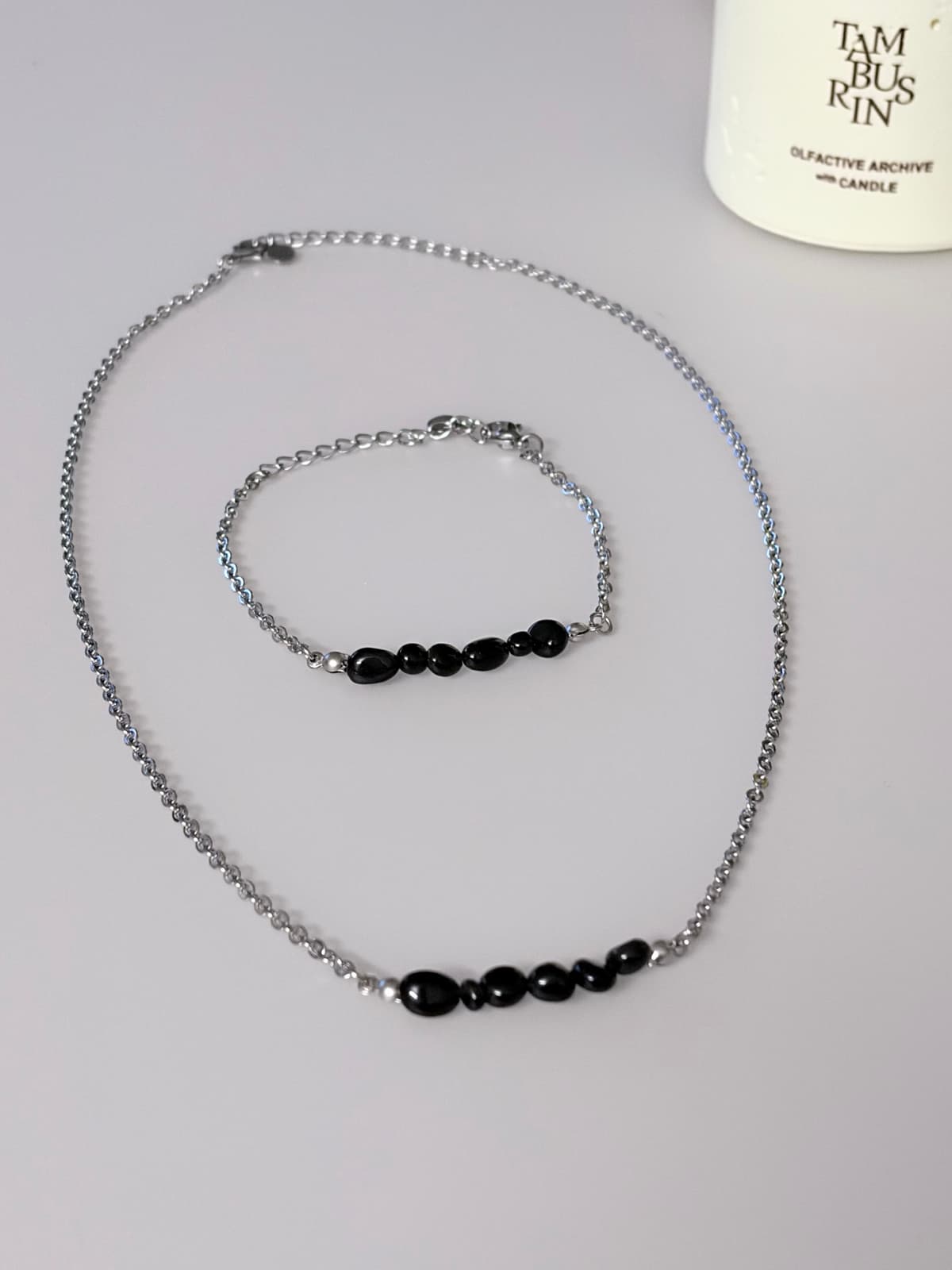 Surgical steel black pebble gemstone bracelet necklace - 이미지 2