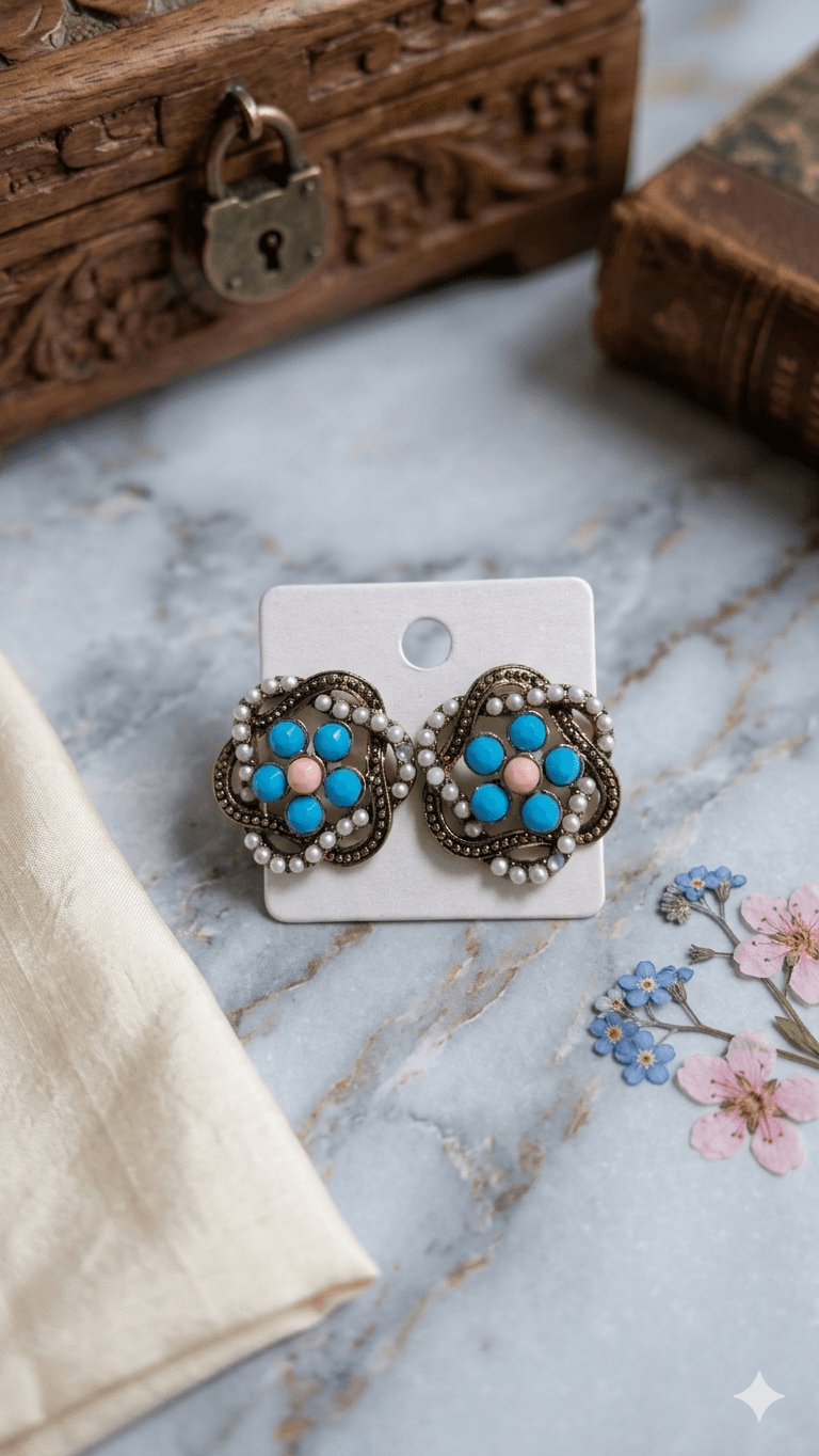 Vintage Flower Pearl Cubic Stud Earrings (2 Colors) - 이미지 2