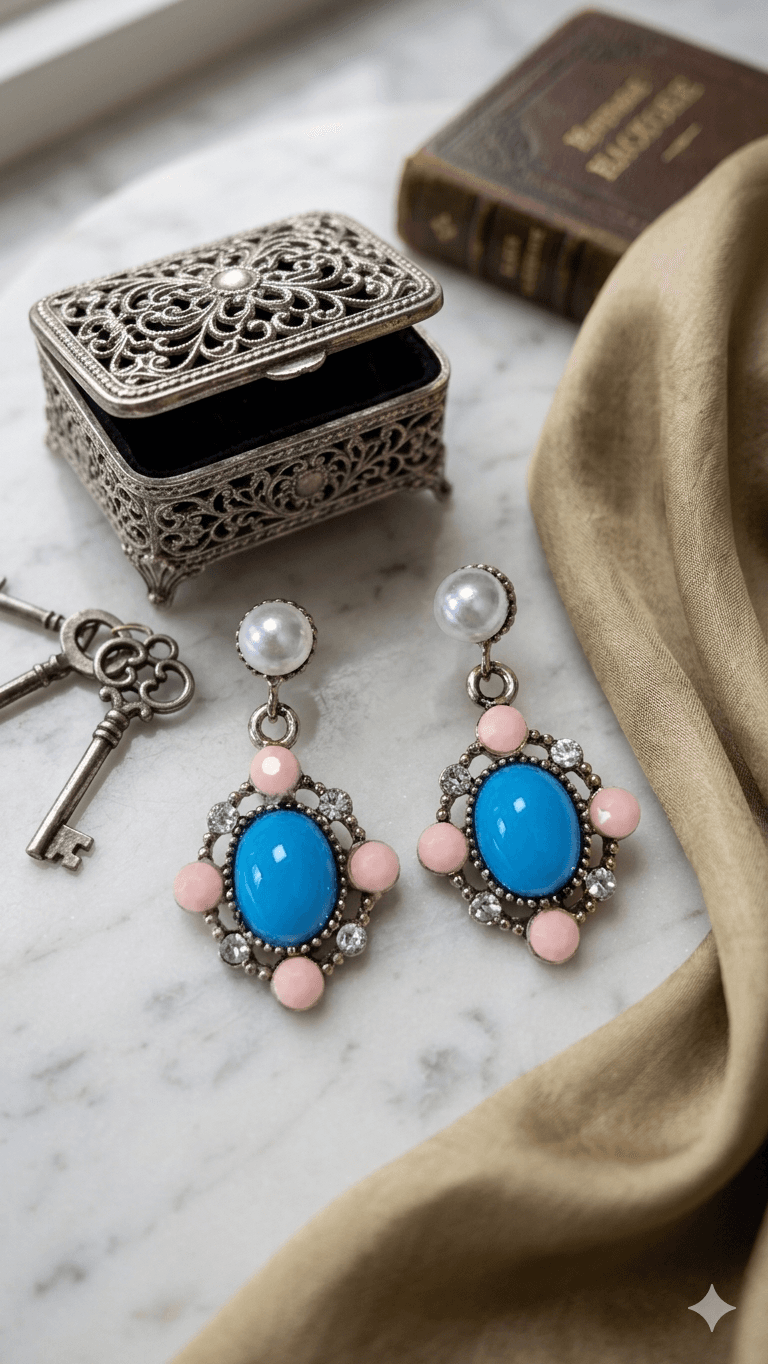 Blue Oval Stone Pink Bead Drop Earrings - 이미지 1