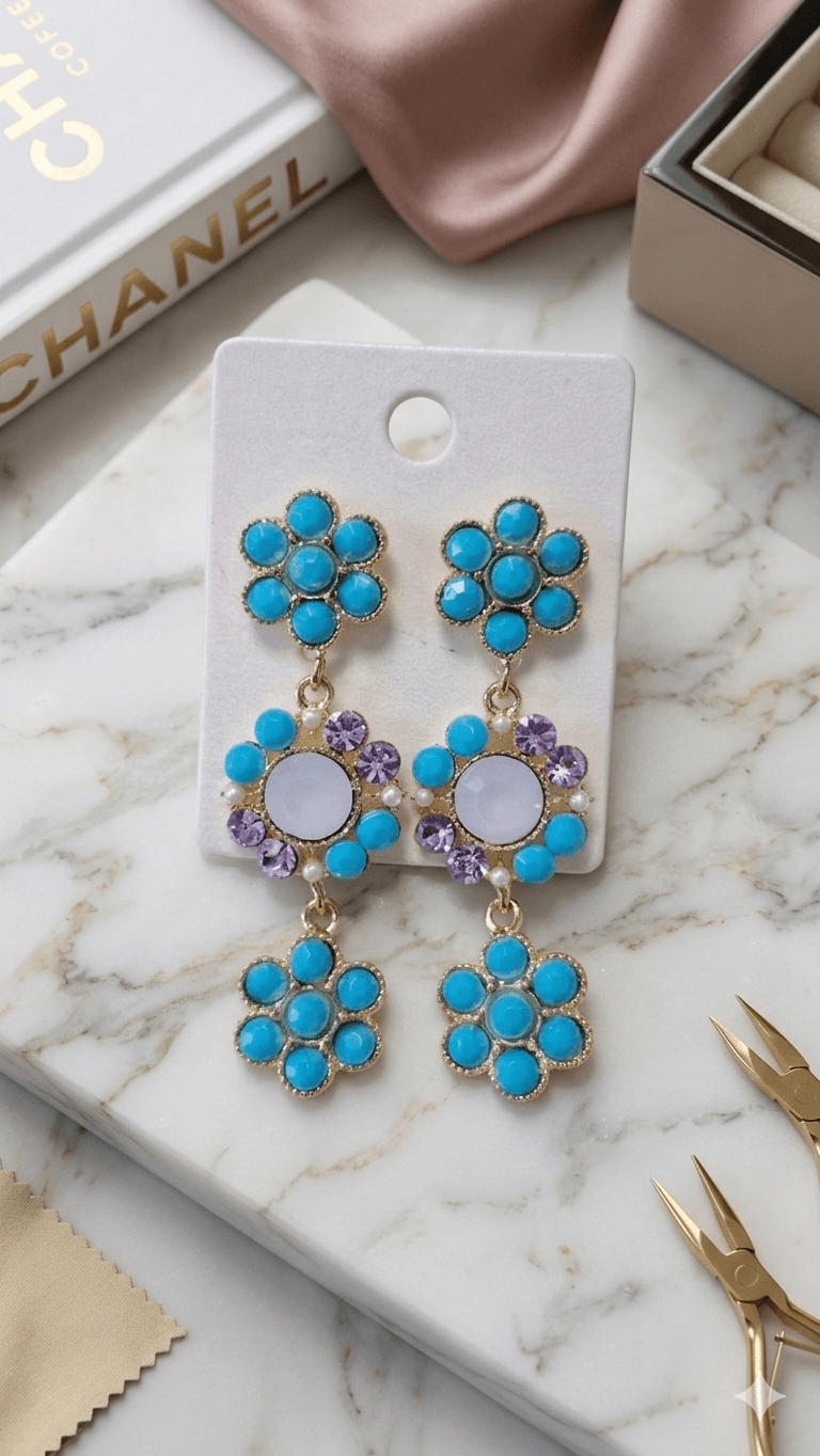 Flower Bead Drop Earrings - 이미지 3