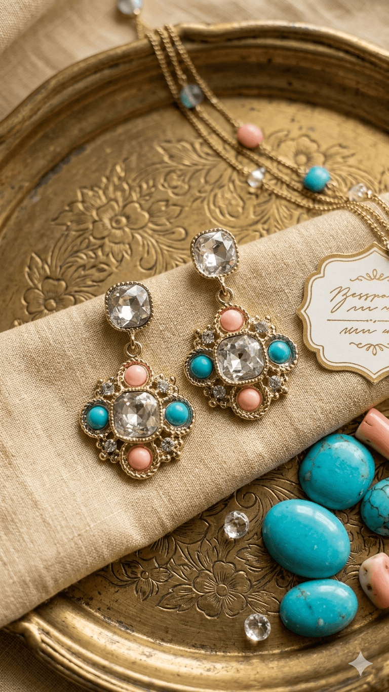 Vintage Colored Stone Drop Earrings - 이미지 2