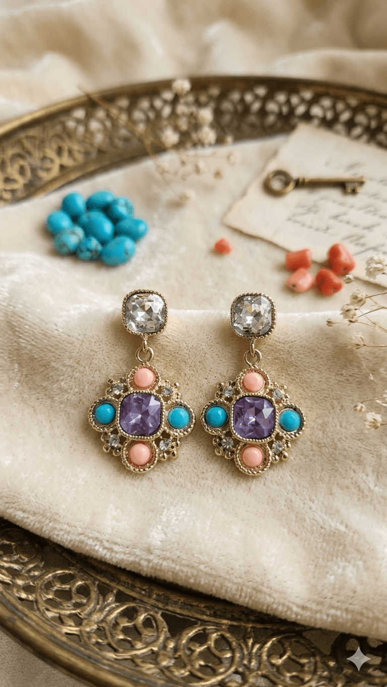 Vintage Colored Stone Drop Earrings - 이미지 3