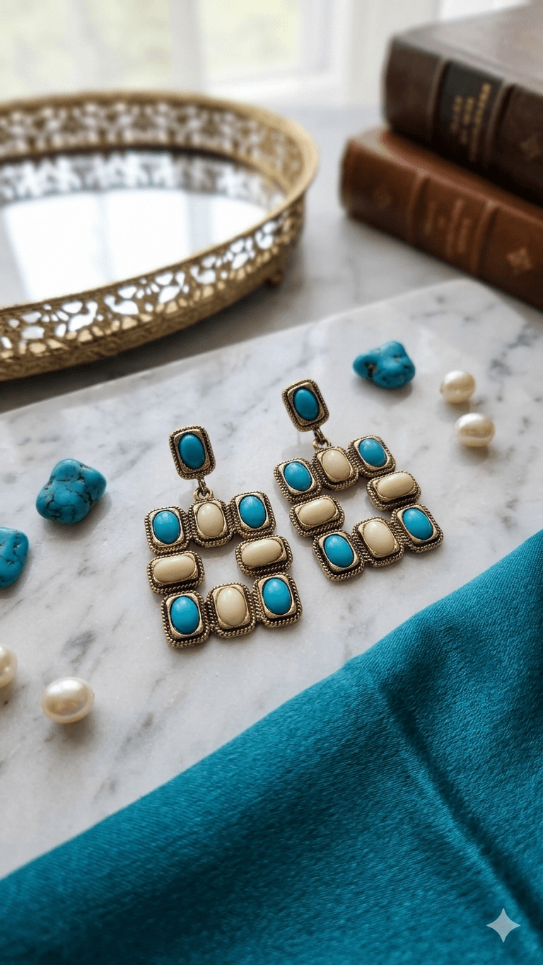 Turquoise Point Vintage Square Drop Earrings - 이미지 2