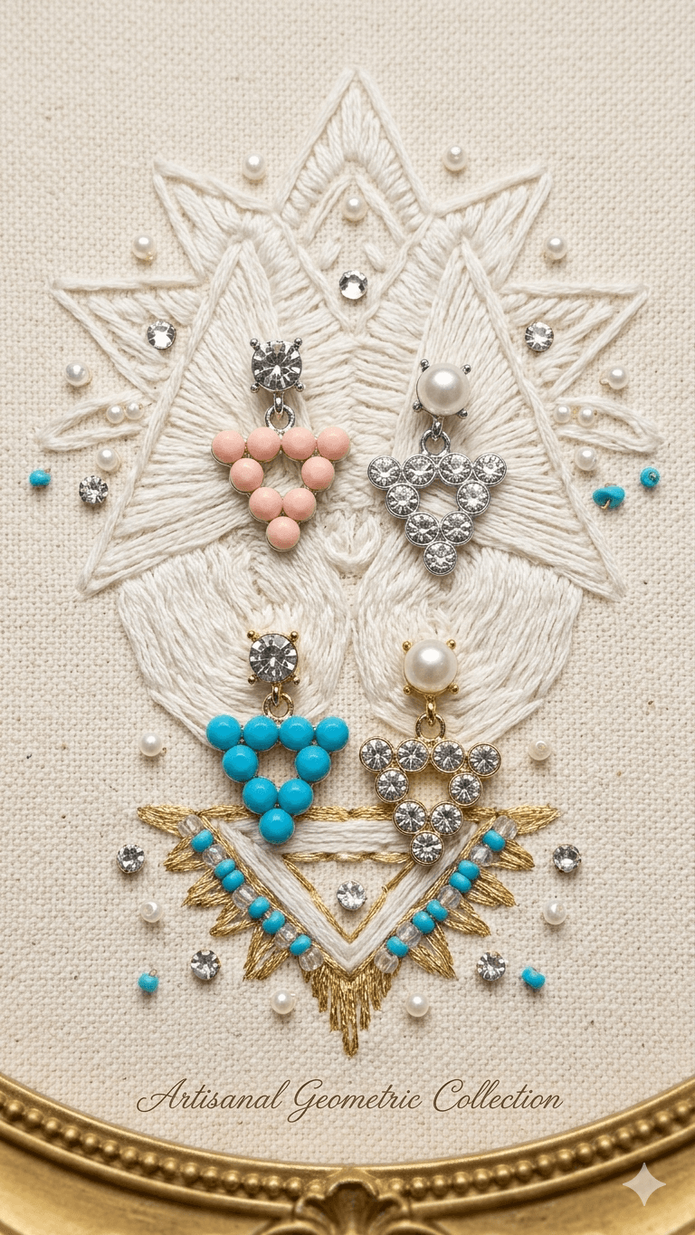 Heart Triangle Bead Cubic Drop Earrings - 이미지 1
