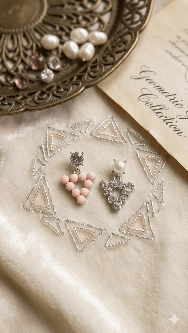 Heart Triangle Bead Cubic Drop Earrings - 이미지 2