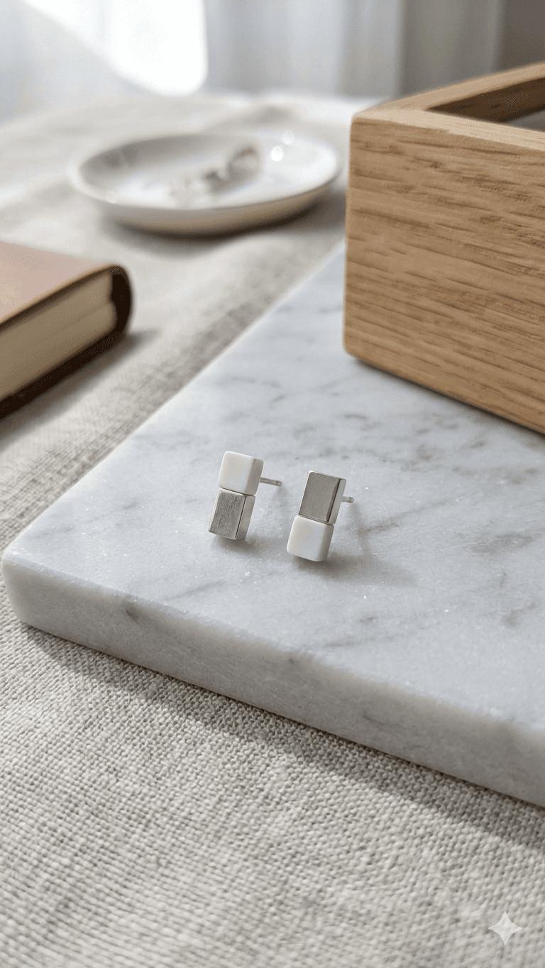 Square Stone Two-Tone Stud Earrings - 이미지 3