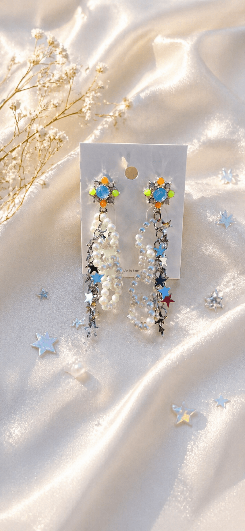 Colorful Flower Pearl Star Chain Drop Earrings - 이미지 1