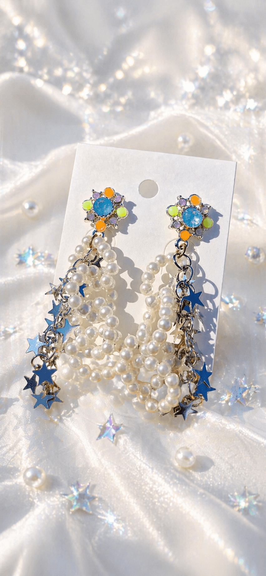 Colorful Flower Pearl Star Chain Drop Earrings - 이미지 2