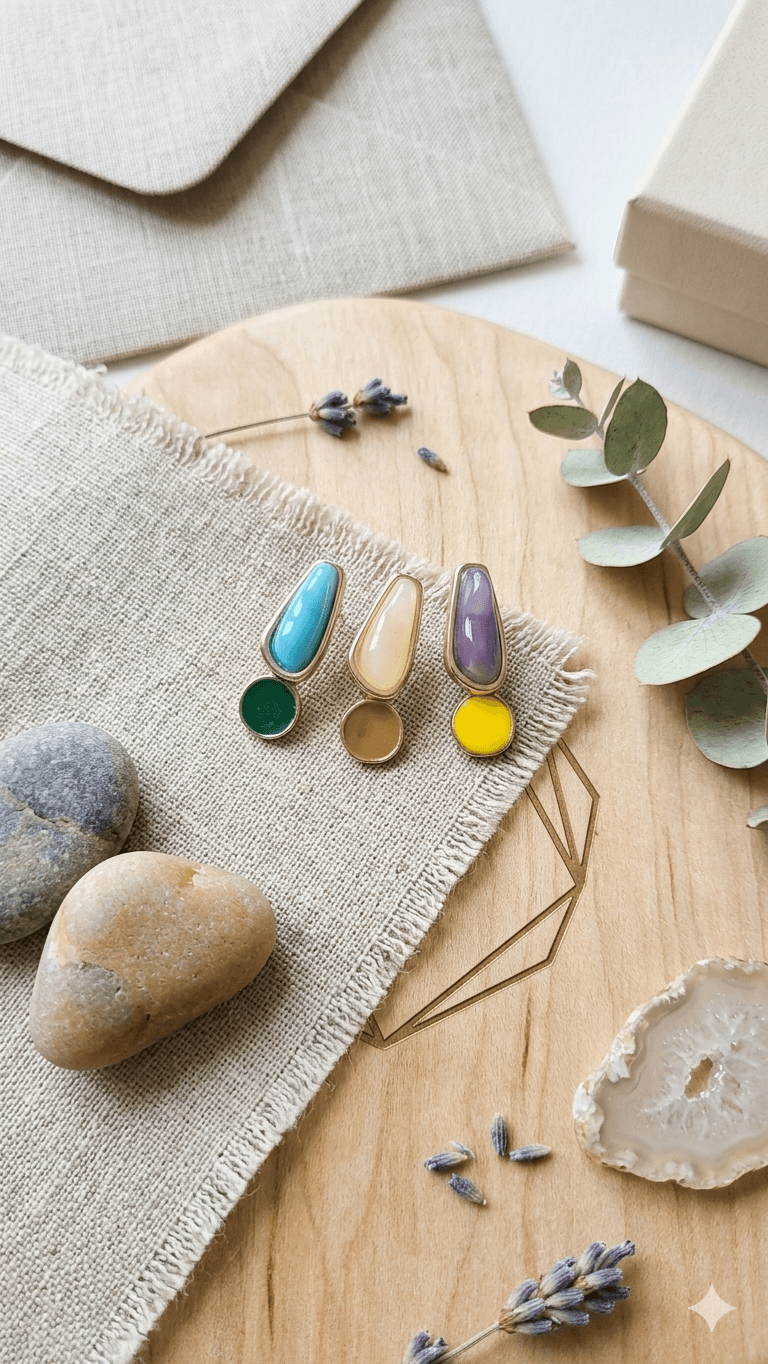 Color Point Drop Stud Earrings - 이미지 1
