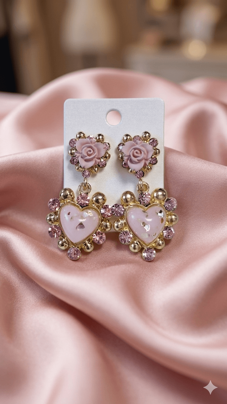 Rose Heart Cubic Drop Earrings - 이미지 2