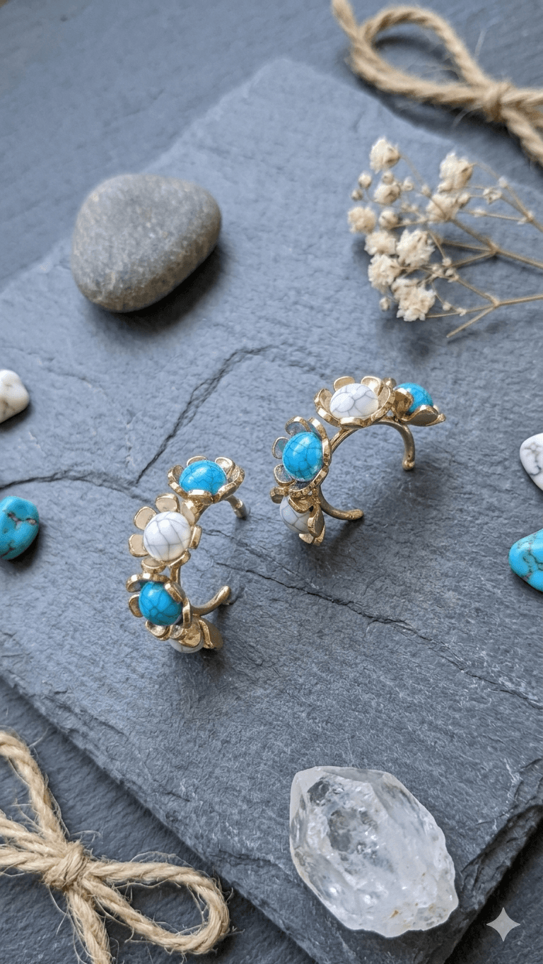 Flower Leaf Gemstone Pearl Ring Earrings - 이미지 2