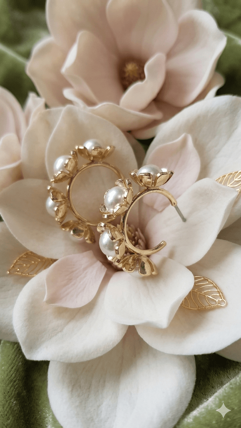 Flower Leaf Gemstone Pearl Ring Earrings - 이미지 3