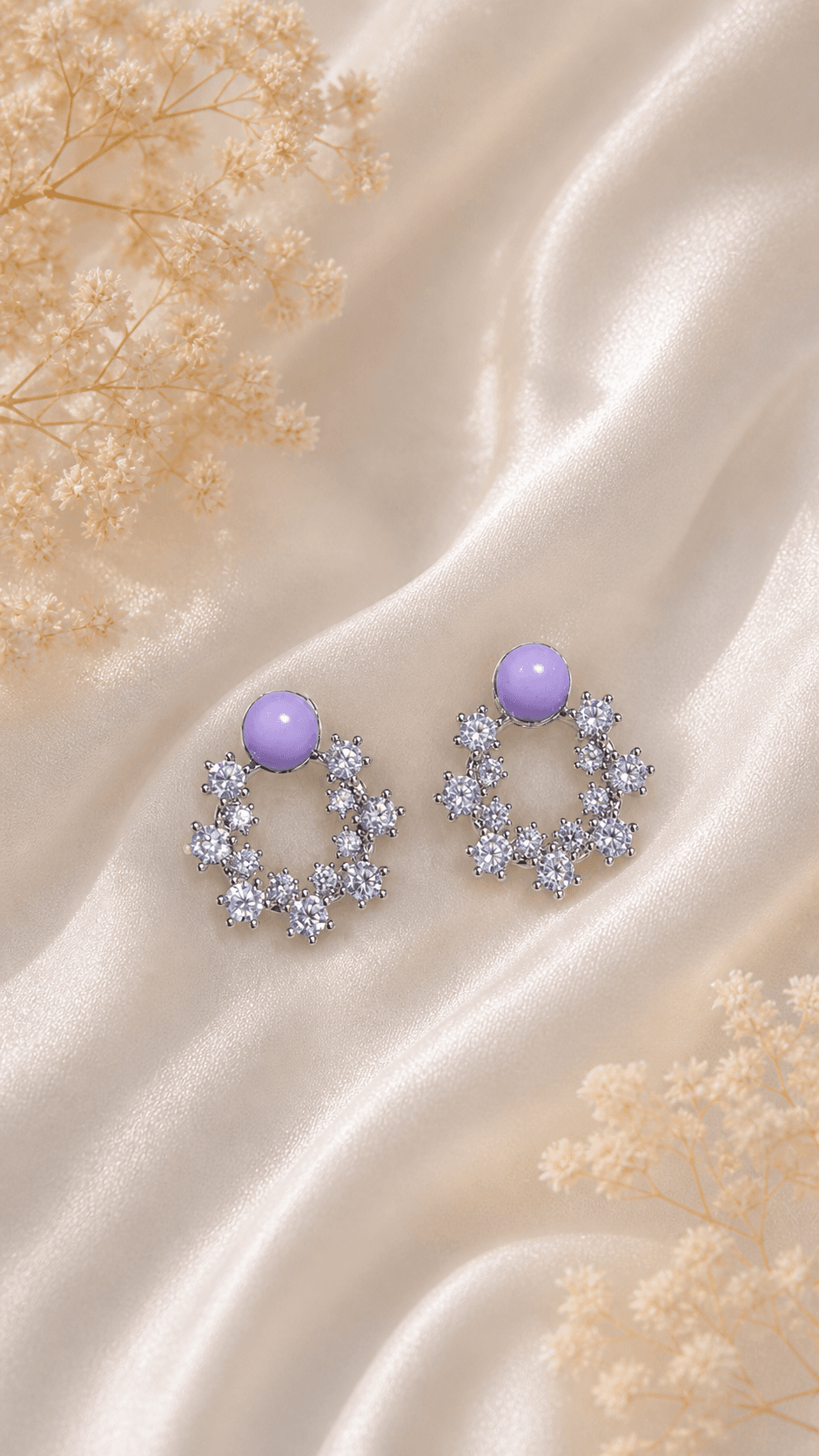 Lavender Ball Point Flower Cubic Ring Earrings - 이미지 2