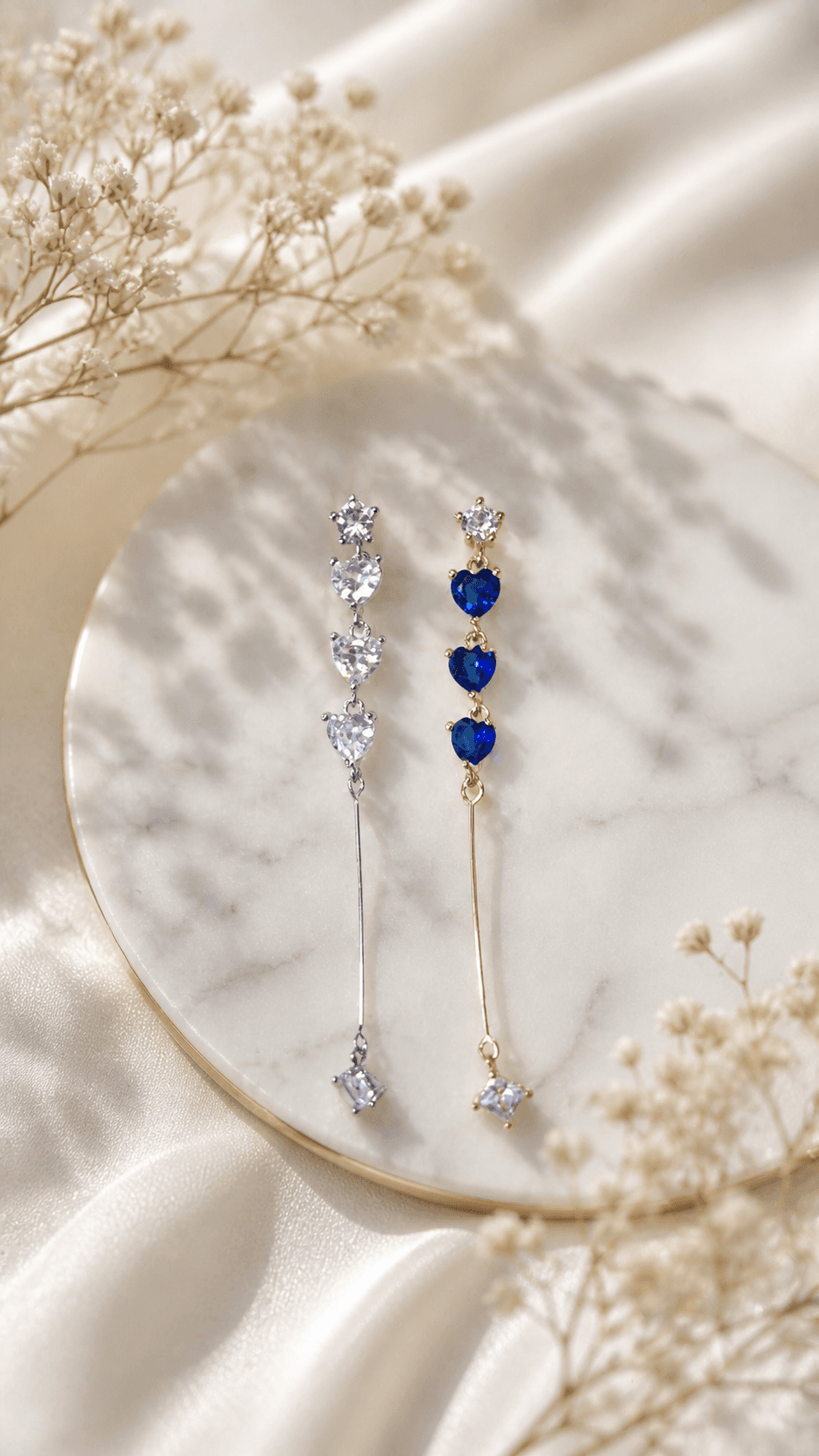 Heart Cubic Long Drop Earrings - 이미지 1