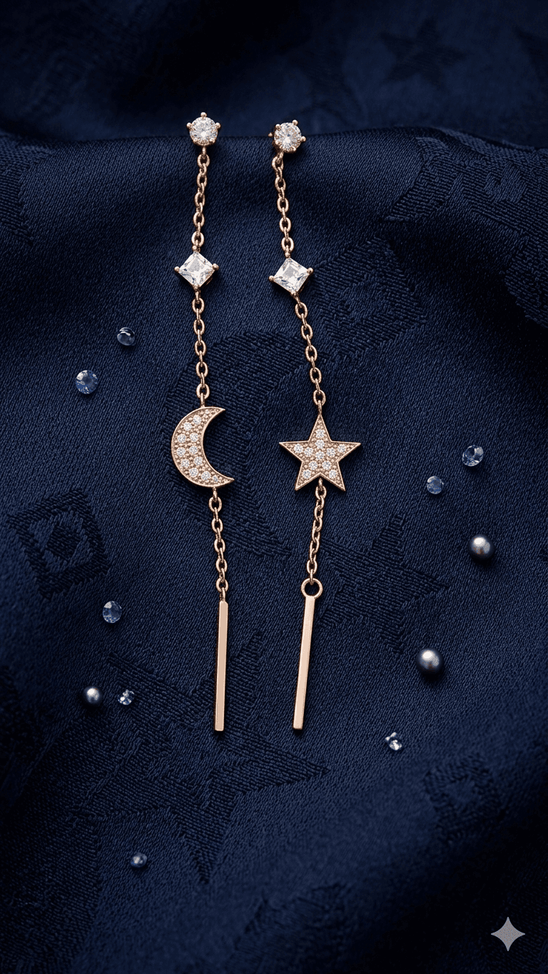 Moon and Star Cubic Chain Long Drop Earrings - 이미지 3