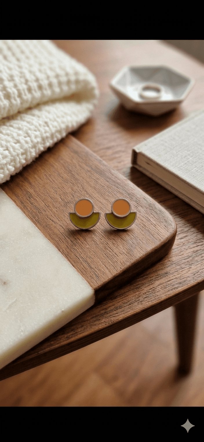 Two-tone crescent-shaped circular point stud earrings - 이미지 4